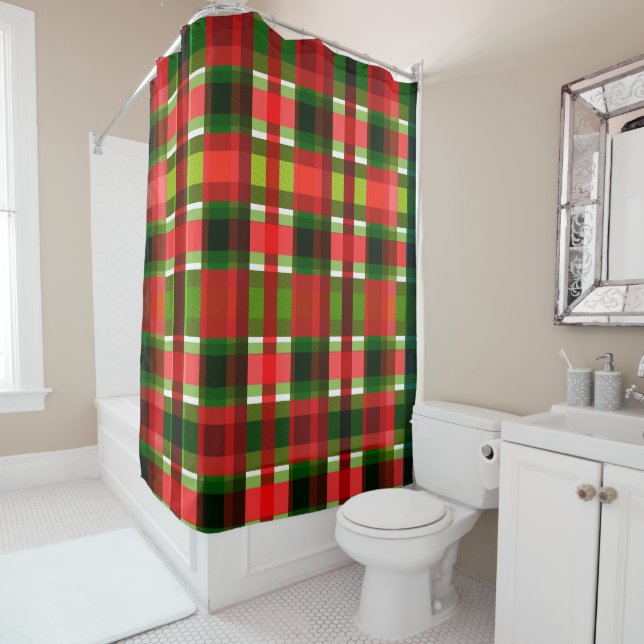 Christmas Holiday Checkered Squares Buffalo Plaid Shower Curtain (In Situ)