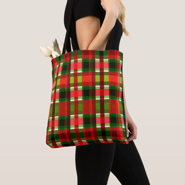 Christmas Holiday Checkered Squares Buffalo Plaid Tote Bag (Close Up)