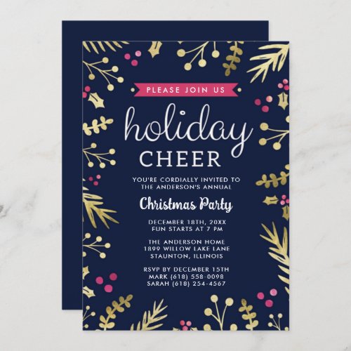 Christmas Holiday Cheer Navy Blue Party  Invitation