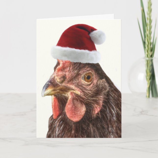 Christmas Holiday Chicken in Santa Hat Card (Front)