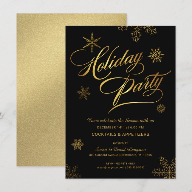 Christmas Holiday Cocktail Party Black & Gold Invitation (Front/Back)