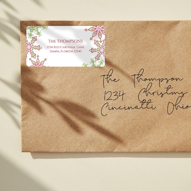 Christmas Holiday Colorful Cute Winter Snowflake  Label (Christmas colorful whimsical red and green snowflakes return address label. )