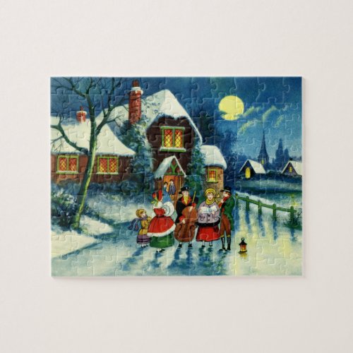 Christmas Holiday Colorful Town Holiday Carolers Jigsaw Puzzle