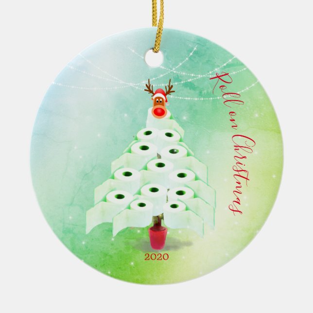Christmas Holiday Corona Toilet Tree Lights Green Ceramic Ornament (Front)