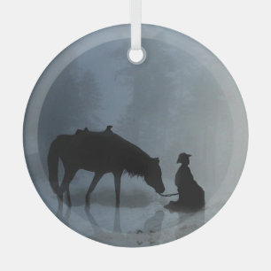Christmas Holiday Cowboy and Horse Glass Ornament