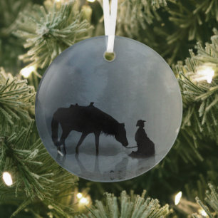 Christmas Holiday Cowboy and Horse Glass Ornament