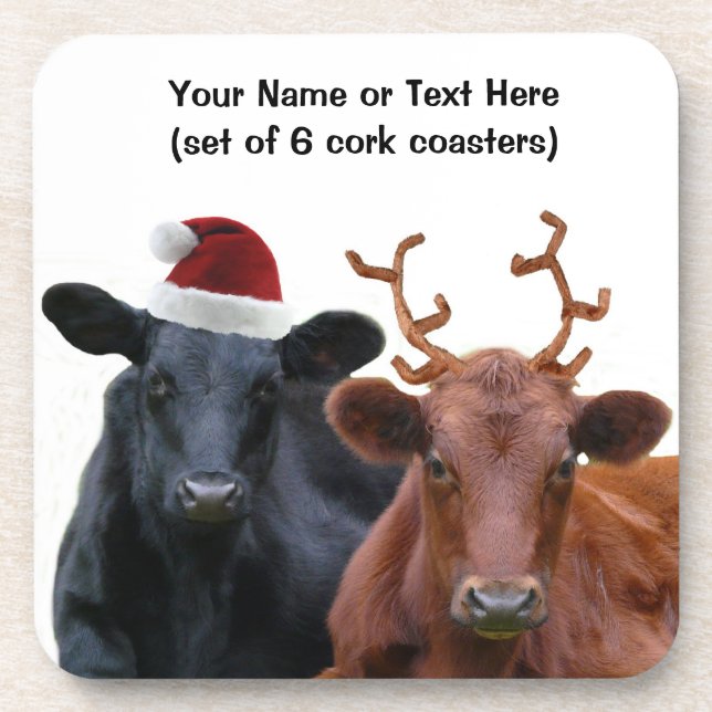 Christmas Holiday Cows in Santa Hat and Antlers Beverage Coaster (Front)