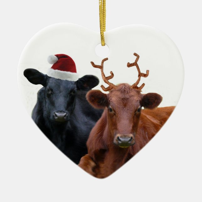 Christmas Holiday Cows in Santa Hat and Antlers Ceramic Ornament (Front)