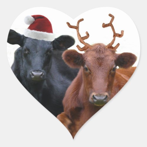 Christmas Holiday Cows in Santa Hat and Antlers Heart Sticker