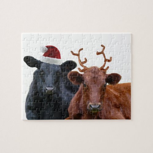 Christmas Holiday Cows in Santa Hat and Antlers Jigsaw Puzzle