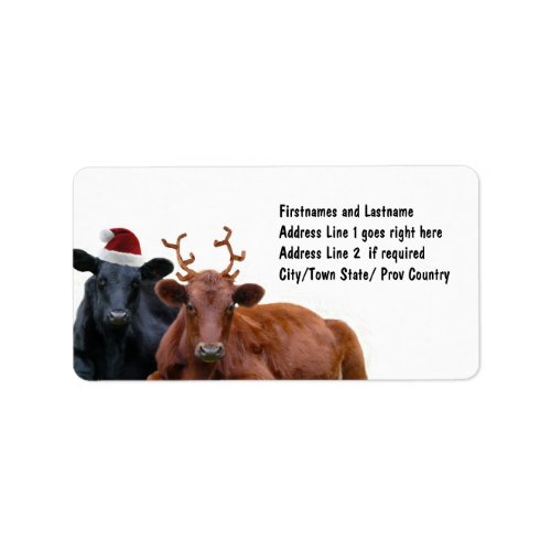 Christmas Holiday Cows in Santa Hat and Antlers Label