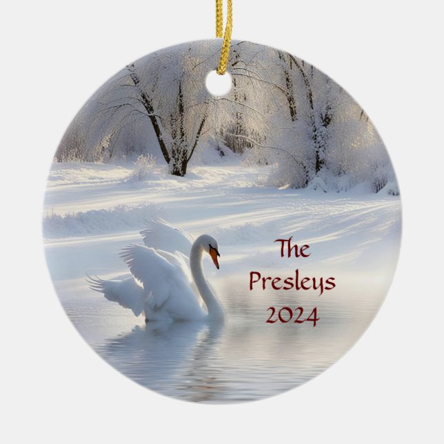 Christmas Holiday Custom Date Name Swan Ceramic Ornament (Front)