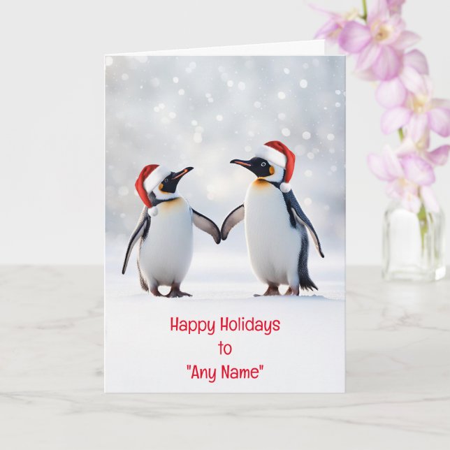 Christmas Holiday Custom Name Couple of Penguins  Card (Orchid)