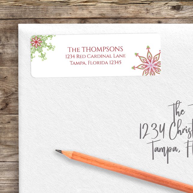 Christmas Holiday Cute Colorful Snowflake Festive Label (Christmas colorful whimsical red and green snowflakes return address label. )