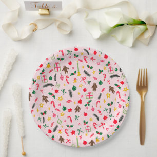 Christmas Holiday Cute Doodle Whimsical Pattern Paper Plates