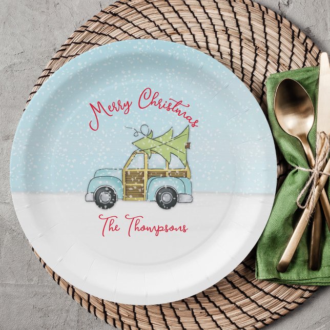 Christmas Holiday Cute Funny Tree Whimsical Party Paper Plates (Merry Christmas cute car with Christmas tree Woodie Wagon paper plate. )
