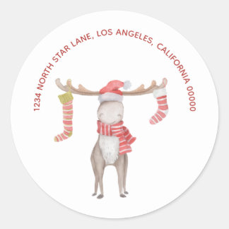 Christmas Holiday Cute Moose Return Address Classic Round Sticker