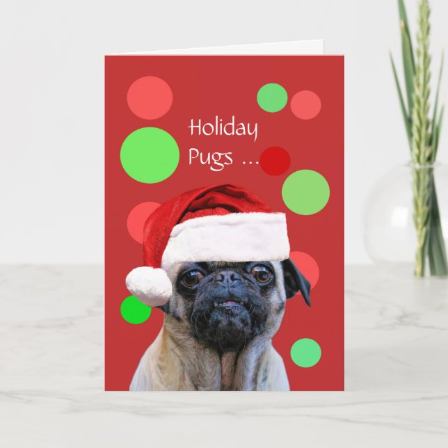 Christmas Holiday Cute Pug Dog Santa Hat Card (Front)