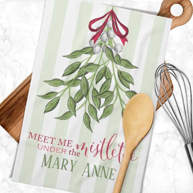 Christmas Holiday Cute Whimsical Mistletoe Fun  Kitchen Towel (Meet me under the mistletoe kitchen towel.)