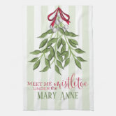 Watercolor Mistletoe Wreath Personalized Kitchen Towels