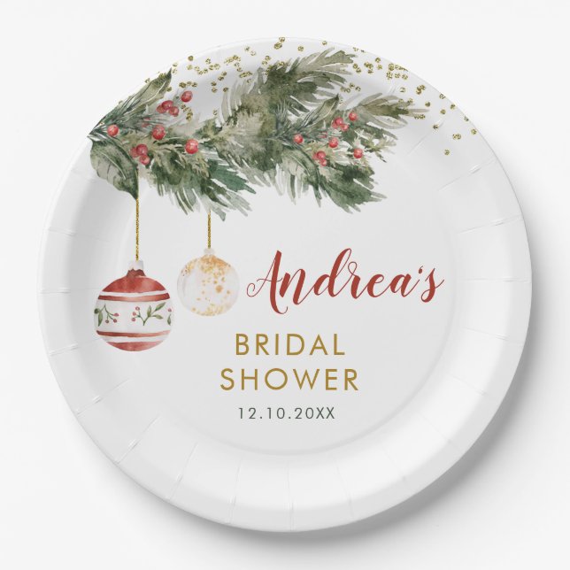 Christmas Holiday Deck the Halls Bridal Shower Paper Plates (Front)