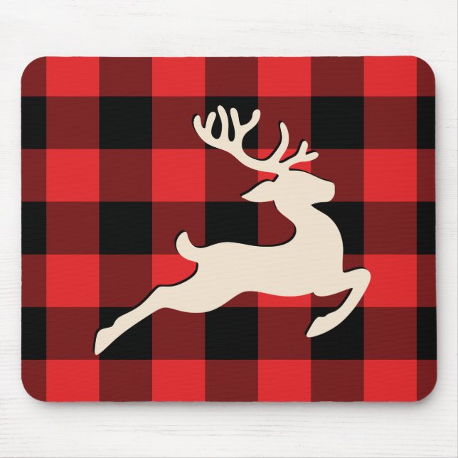 Christmas Holiday Deer Antlers Red Black Gingham Mouse Pad (Front)