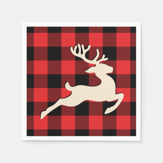 Christmas Holiday Deer Antlers Red Black Gingham Napkins (Front)