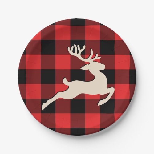 Christmas Holiday Deer Antlers Red Black Gingham Paper Plates