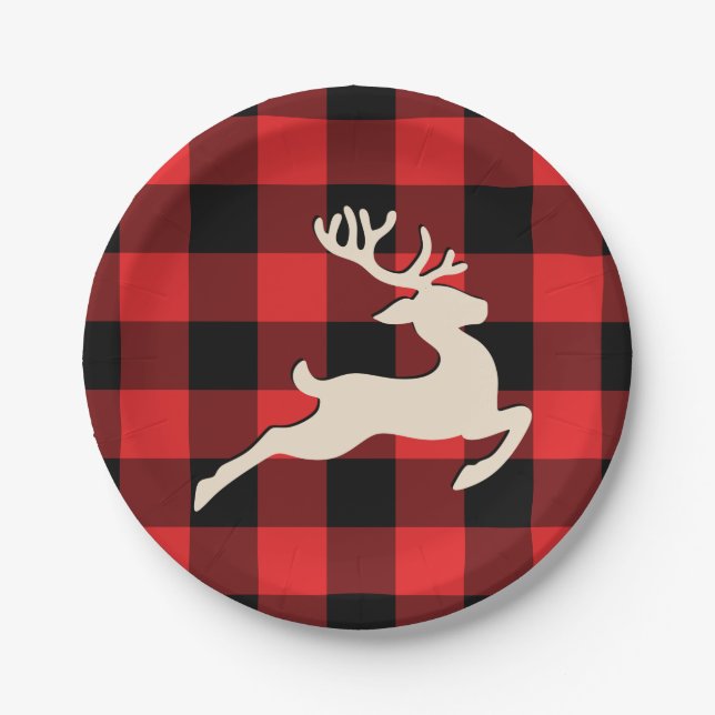 Christmas Holiday Deer Antlers Red Black Gingham Paper Plates (Front)
