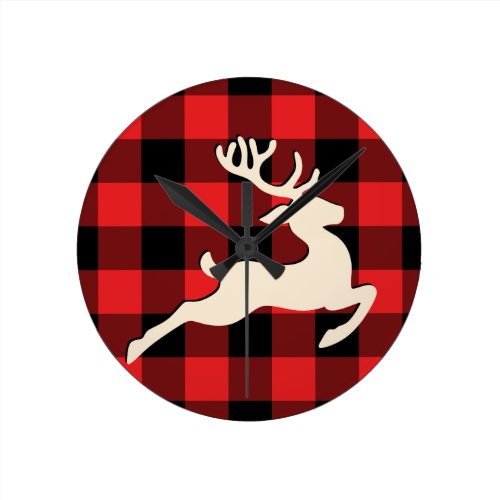 Christmas Holiday Deer Antlers Red Black Gingham Round Clock