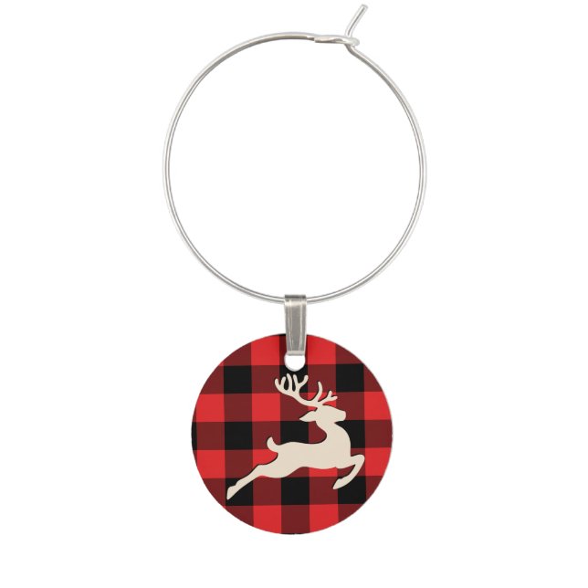 Christmas Holiday Deer Antlers Red Black Gingham Wine Charm (Front)