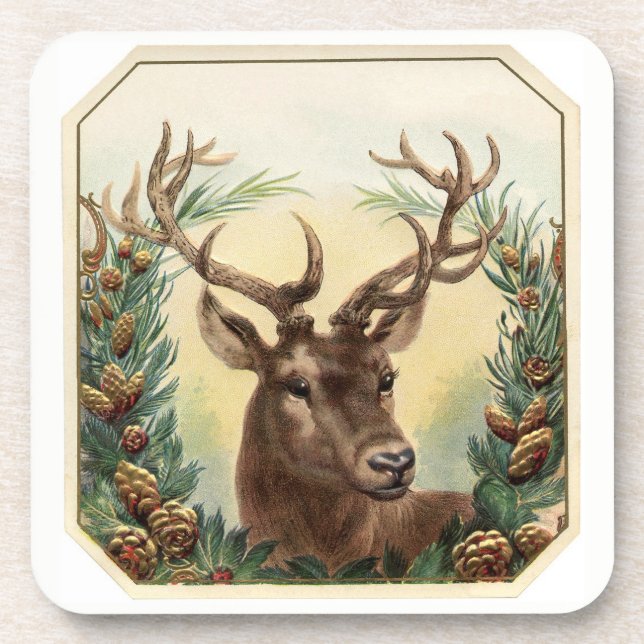 Christmas Holiday Deer Buck Pine Cones /Set of 6 Coaster (Front)