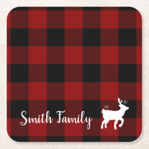Christmas Holiday Deer on Buffalo Plaid Custom Square Paper Coaster