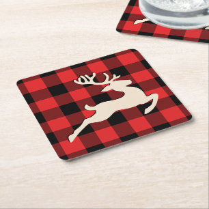 Christmas Holiday Deer Red Black Gingham Square Paper Coaster