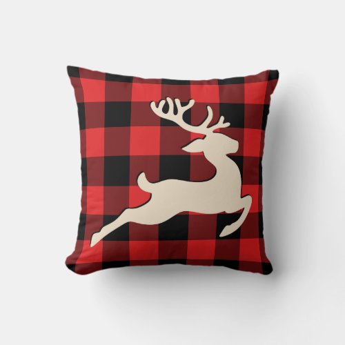 Christmas Holiday Deer Red Black Gingham Throw Pillow