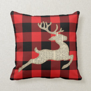 Christmas Holiday Deer Red Black Gingham Throw Pillow