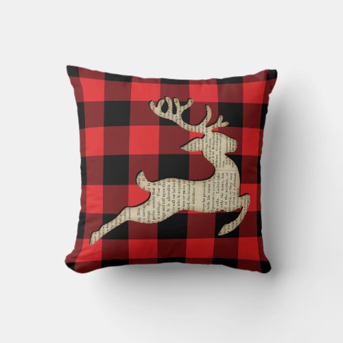 Christmas Holiday Deer Red Black Gingham Throw Pillow