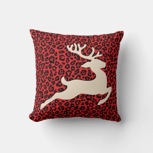 Christmas Holiday Deer Red Black Leopard Print Throw Pillow