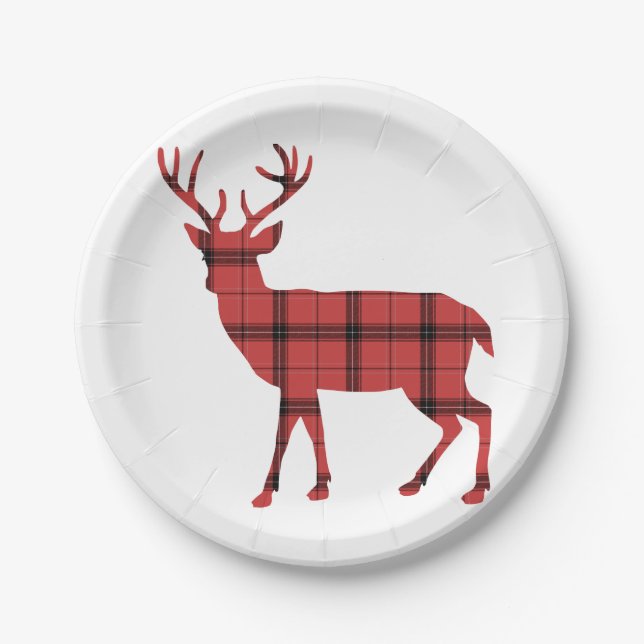 Christmas Holiday Deer Red Plaid Tartan Pattern Paper Plates (Front)