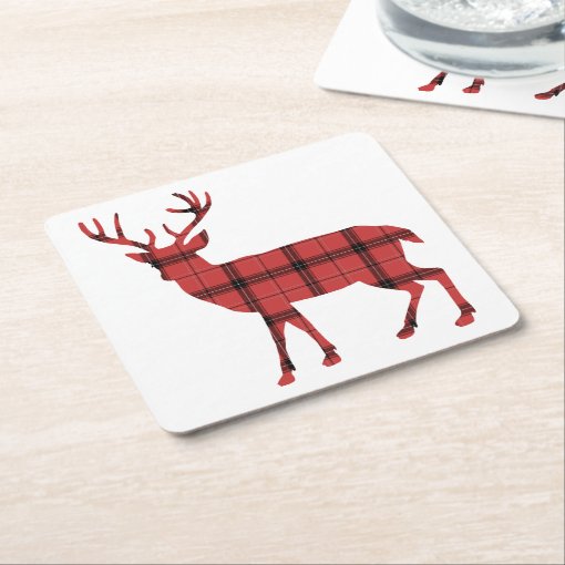 Christmas Holiday Deer Red Plaid Tartan Pattern Square Paper Coaster