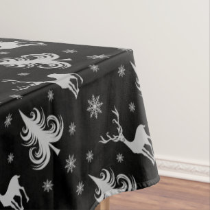 Christmas Holiday Deer Stag Pattern Black Silver Tablecloth