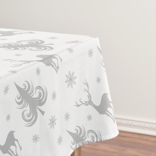Christmas Holiday Deer Stag Pattern White Silver Tablecloth (In Situ)