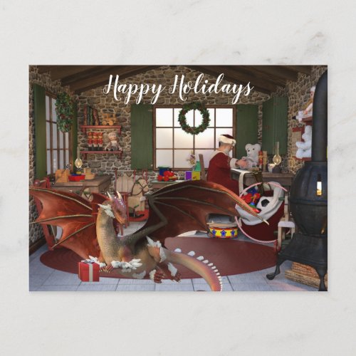 Christmas Holiday Dragon in Santas Workshop Postcard