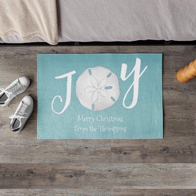 Christmas Holiday Elegant Beach Turquoise Coastal Doormat (Christmas holiday "Joy" Typography sand dollar doormat.)