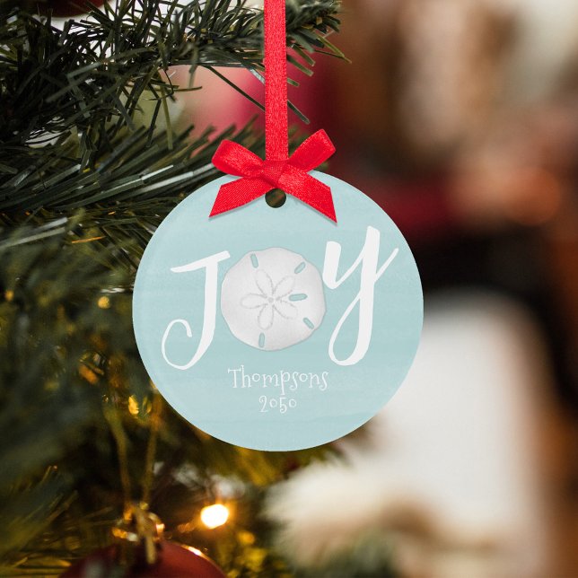 Christmas Holiday Elegant Beach Turquoise Coastal Ornament (Simple JOY sand dollar turquoise blue Christmas Photo Ornament. )