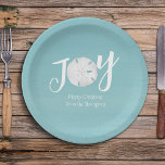 Christmas Holiday Elegant Beach Turquoise Coastal Paper Plates<br><div class="desc">This design features a Christmas holiday elegant simple beach paper plate with a nautical coastal sea ocean life theme, a sand dollar joy minimalist teal, trendy stylish calligraphy script font, turquoise teal blue tropical island, with a modern simple typography unique text, Christmas holiday beach disposable paper, Christmas holiday party supplies,...</div>