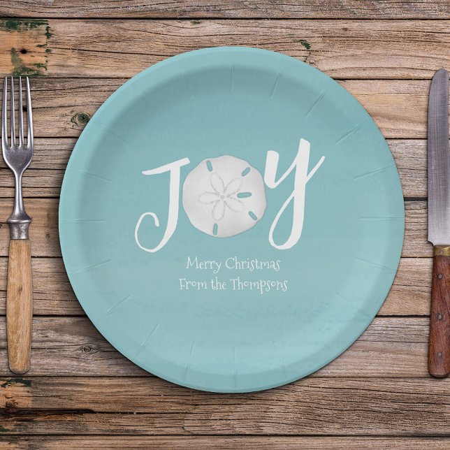 Christmas Holiday Elegant Beach Turquoise Coastal Paper Plates (Simple Christmas holiday "Joy" typography sand dollar design.)