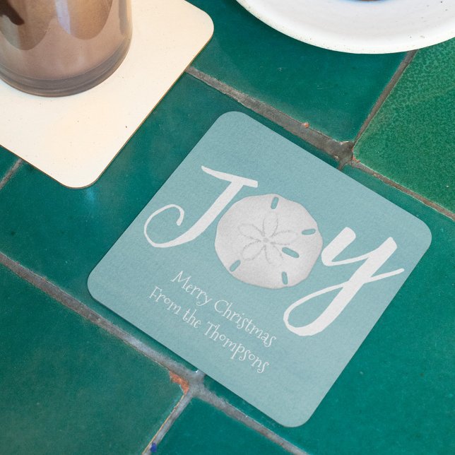 Christmas Holiday Elegant Beach Turquoise Coastal Square Paper Coaster (Christmas holiday "Joy" turquoise blue sand dollar paper coaster. )