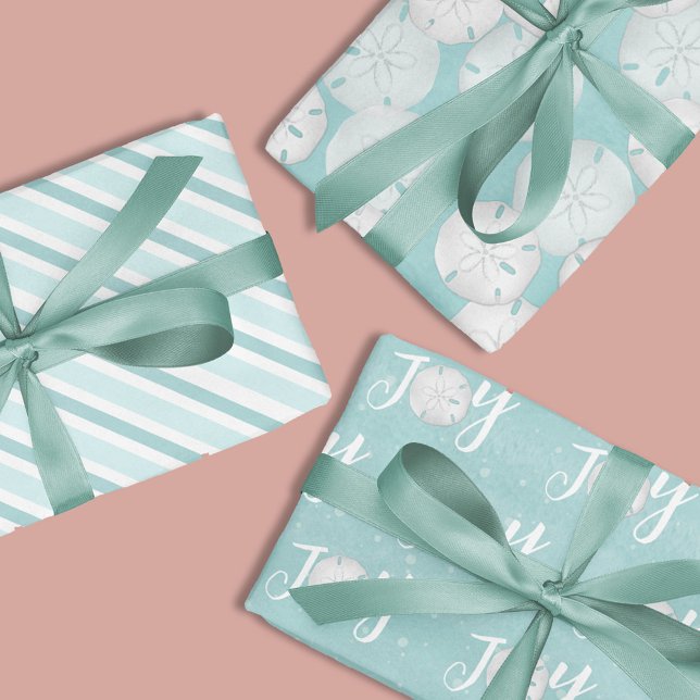 Christmas Holiday Elegant Beach Turquoise Coastal Wrapping Paper Sheets (Christmas Joy typography turquoise wrapping paper with sand dollars.)