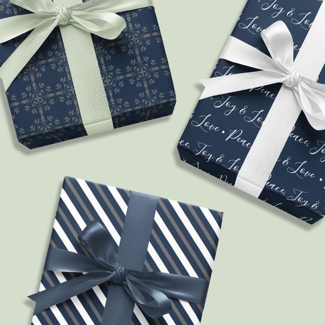 Christmas Holiday Elegant Classic Navy Blue  Wrapping Paper Sheets (Christmas elegant blue silver snowflake pattern, striped, and typography script.)